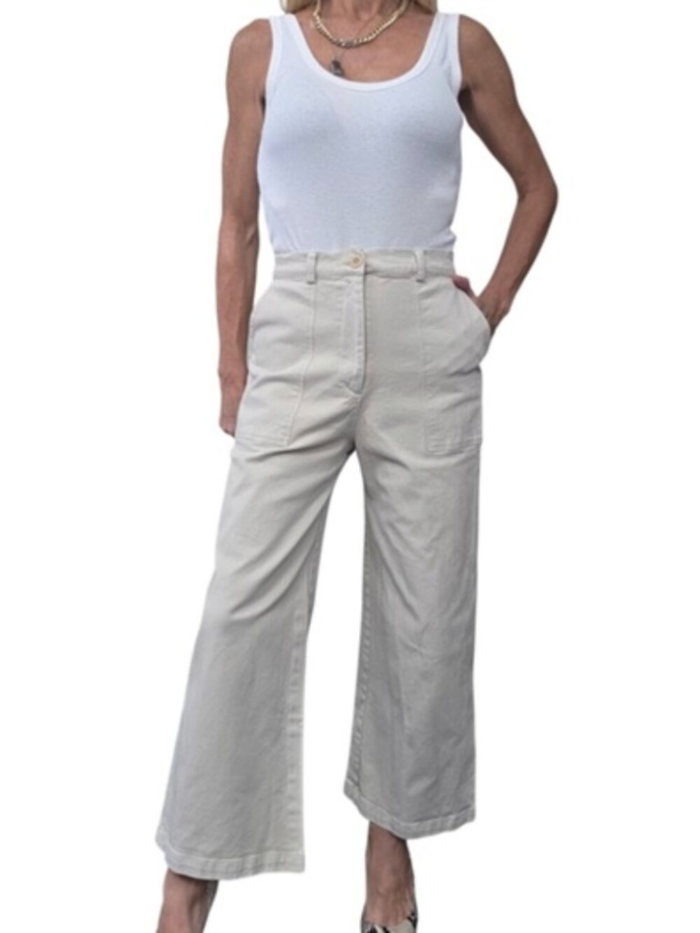 First Rite Cream Cotton Wide Leg Cropped Pants XS Made in California